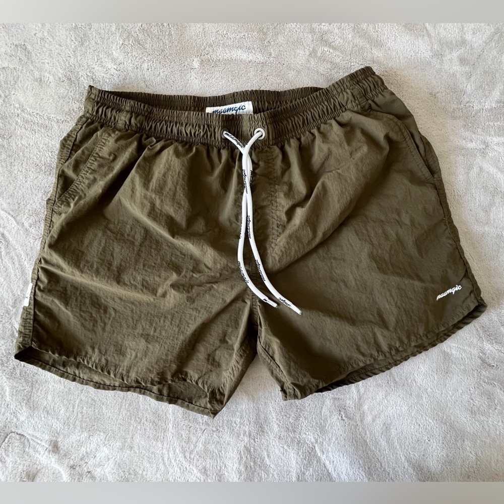 Maamgic Mens Swim Shorts Mesh Liner Pockets Olive Green Pull On Drawstring Sz M